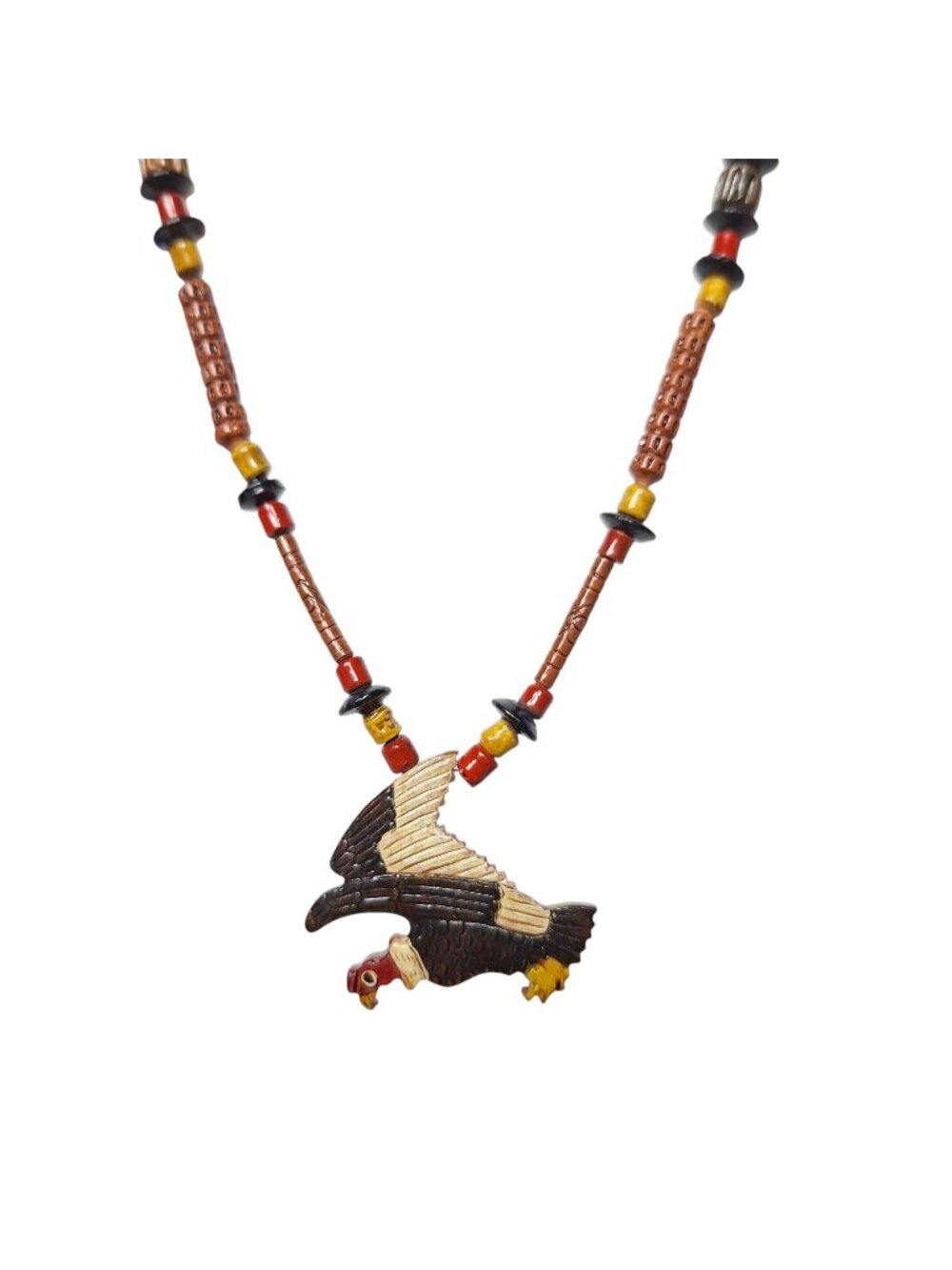 Vintage Carved Wood Eagle Vulture Condor Bird Pendant Necklace Boho Tribal